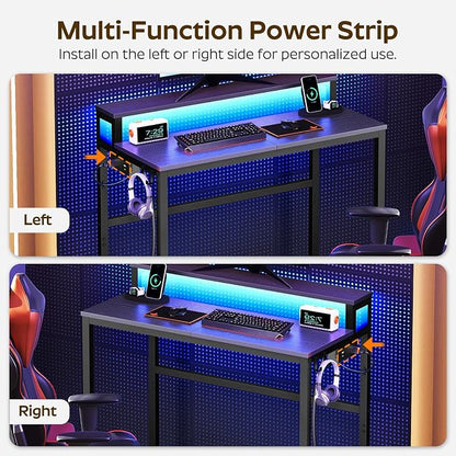 YATINEY Small Computer Desk with Charging Station and LED Lights, Gaming Desk with Monitor Stand, 2-Tier Home Office Desk with 4 Side Hooks, for Living Room, Home Office, Black DN01UDBBY2