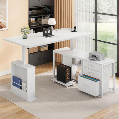 63 Inch L Shaped Desk with 3 Drawers Electric Standing Desks with Storage Computer Table Adjustable Height with Power Outlets 4 Memory Presets for Home Office, White