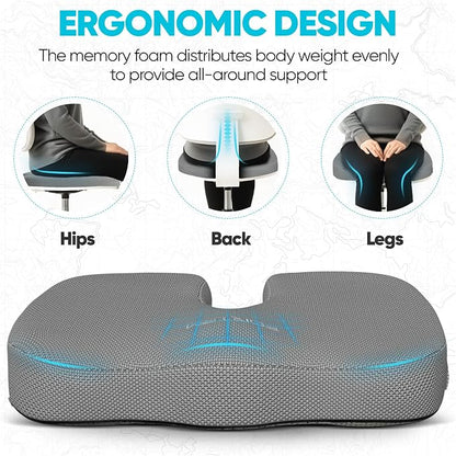 FORTEM Seat Cushion, Office Chair Cushion, Memory Foam Car Seat Cushions, Sciatica Coccyx Tailbone Pain Relief, Chair Cushions for Back Support, Sitting Pad for Gaming, Washable Cover, Non Slip, XL