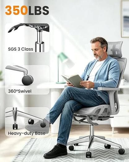 naspaluro Ergonomic Office Chair, High Back Mesh Desk Chair, 350lbs Capacity, Lumbar Support, 3D Armrest Headrest, Footrest, PU Wheels, Swivel Computer Chair for Home Office, Work & Gaming