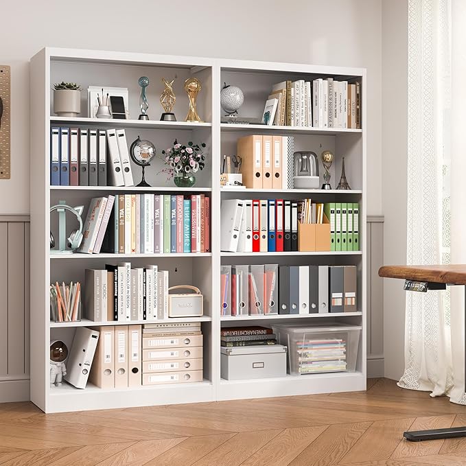 OSEILLC Bookcase,5 Tier White Bookshelves,55" Tall Free Standing Metal Bookcase with Adjustable Storage Shelves, Wide Bookshelf for Bedroom Living Room Home Office School (White)