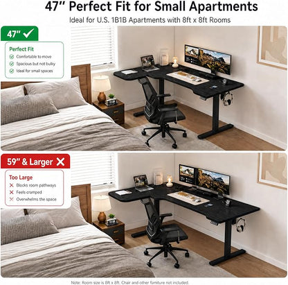 Grandder 47" L Shaped Standing Desk, Electric Height Adjustable Corner Stand Up Desk with Ergonomic Curved Round Corner for Small Apartment Home Office, Black Desktop Black Frame