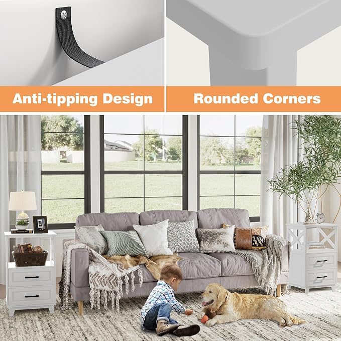 RoyalCraft 30" Tall Nightstand, Modern Painted Bedside Table with 2 Drawers and Open Shelf, Wood Side Table for Bedroom, Home Office, White-Open Shelf Above, Set of 1