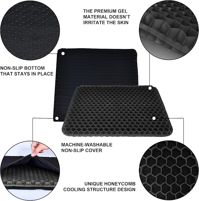 Yimiyaa Gel Seat Cushion, Double Thick Egg Gel Cushion for Pressure Pain Relief, Breathable Wheelchair Cushion Chair Pads for Car Seat Office Chair Black