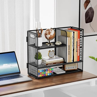 Marbrasse 3-Tier Desk Shelf Organizer with Handle, Desktop Bookshelf File Holder, Mesh Display Shelf Organizer Storage Rack for Office, Home, Supplies, Kitchen (Black)