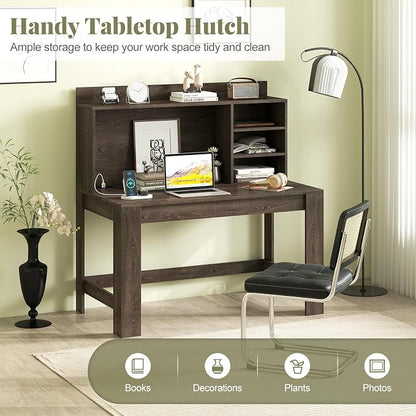 Giantex Computer Desk with Hutch, Modern Home Office Desk with Power Outlets, Storage Shelves & Cable Hole, Makeup Vanity Table, Study Writing Desk for Bedroom Office Small Space (Grey Oak)
