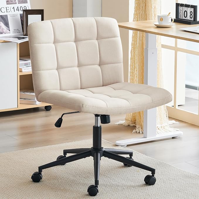 Furnimart Swivel Criss Cross Legged Chair with Wheels for Home Office, Wide Armless Desk Chair Height Adjustable Comfy Seat for Desk,Vanity, Bedroom, Beige