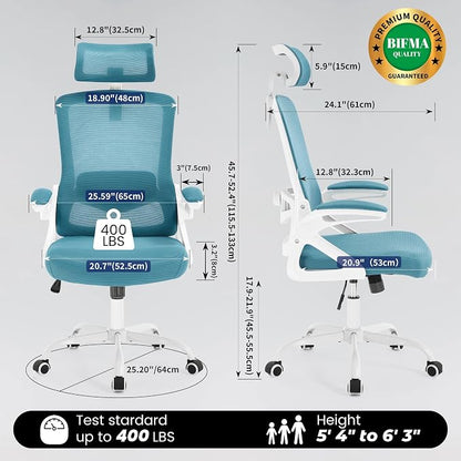 Fizzin Ergonomic Office Chair, 400 LBS Computer Chairs with Adjustable Lumbar Support, Breathable Mesh Desk Chair Ergonomic with Thickened Cushion, Comfy Home Office Desk Chair (Lake Blue)