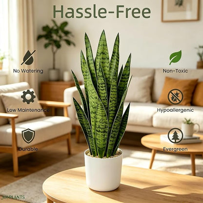 27" Artificial Snake Plant in White Pot, Realistic Faux Potted Plant for Home Office Decor, Low Maintenance Lifelike Silk Plant, Pet-Friendly Indoor Outdoor, No Watering Needed
