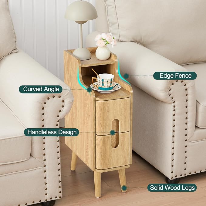 Narrow End Table Living Room, Wooden Small 2 Drawer Nightstand Bedroom, Thin Couch Side End Table, Vintage Skinny Bedside Table Small Spaces, Mid Century Modern Night Stand with Drawers (Natural-1 pc)