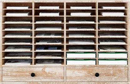 TQAVI Wood Classroom Mailbox 36 Compartments with 2 Drawer, Large Paper Organizer with Adjustable Shelves to Sorting Literature Bill, A4 Size File Organizer for Office School Home, Retro White