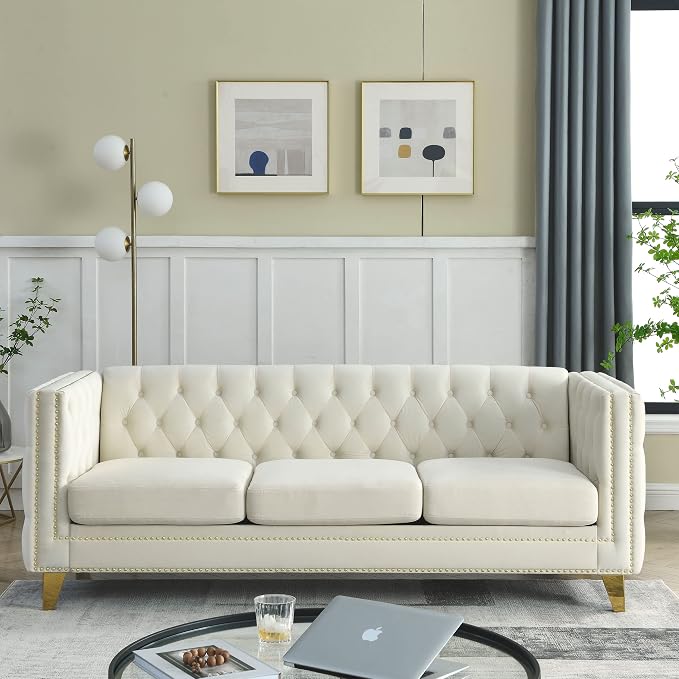 mikibama 80.5" Velvet 3 Seater Sofa Couch for Living Room,Button Tufted 3-Seat Couches with Nailhead Trims,Modern Upholstered Sofas with Golden Metal Legs for Bedrooom,Office