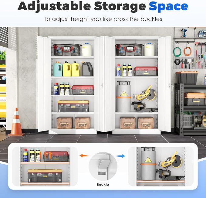 INTERGREAT Metal Garage Storage Cabinet with Lock, 72" Storage Cabinet with Locking Doors and 4 Adjustable Shelves, Lockable Steel Tool Cabinet for Home Office, School,White