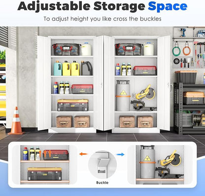 INTERGREAT Metal Garage Storage Cabinet with Lock, 72" Storage Cabinet with Locking Doors and 4 Adjustable Shelves, Lockable Steel Tool Cabinet for Home Office, School,White