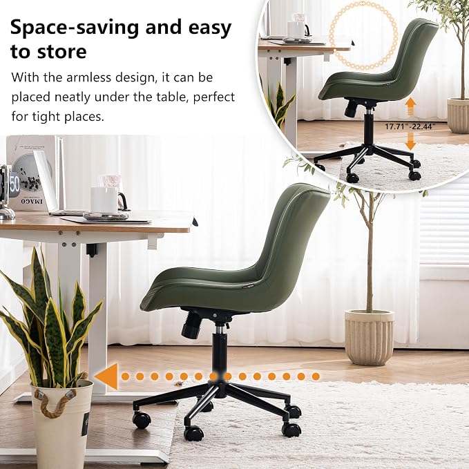 YOUNIKE Olive Green Office Desk Chair with Wheels Armless Compact Comfy Vanity Chair with Adjustable Back Modern Small Faux Leather Upholstered Swivel Cute Rolling Computer Task Chair No Arms
