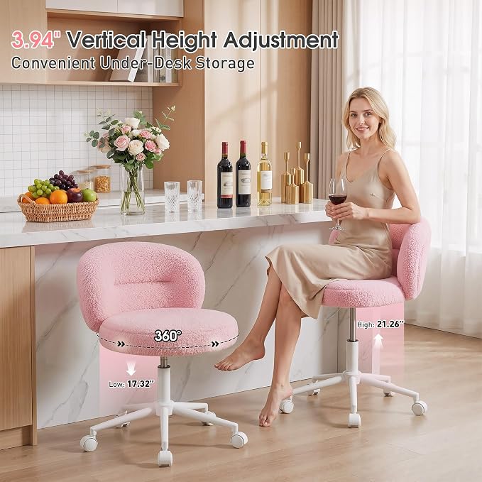Homkdom Plush Vanity Chair with Wheels, Soft Comfy Makeup Chair with Rounded Back, Height Adjustable, 360° Swivel for Bedroom & Beauty Spaces