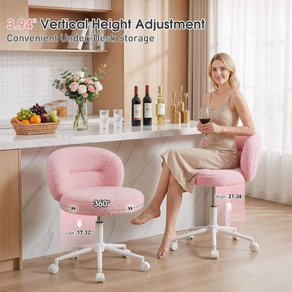 Homkdom Plush Vanity Chair with Wheels, Soft Comfy Makeup Chair with Rounded Back, Height Adjustable, 360° Swivel for Bedroom & Beauty Spaces
