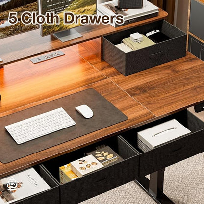 71x32″ Electric Standing Desk with 5 Drawers, Sit Stand Desk with Power Outlets, Monitor Shelf, RGB LED Lights and Cable Management, Height Adjustable 28.3"-47.2" for Home & Office, Walnut
