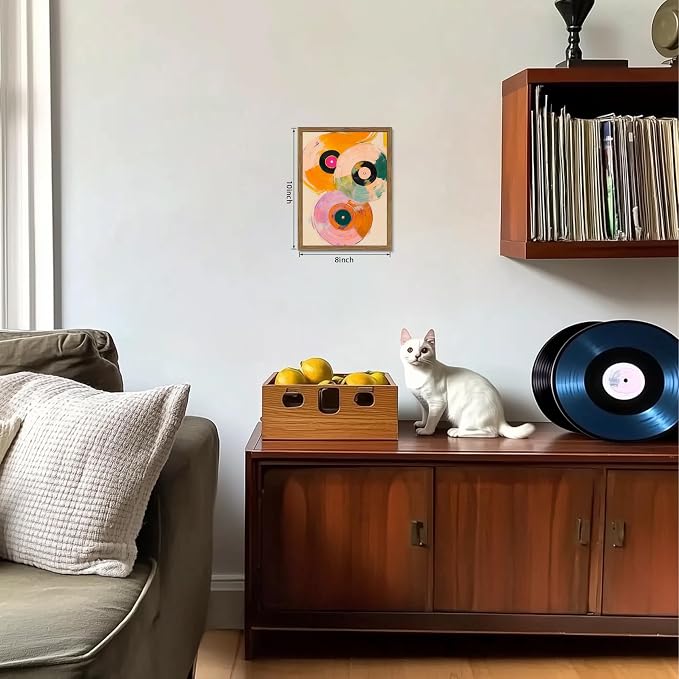 Vintage Vinyl Record Wall Art - Framed Canvas Music Decor for Living Room & Studio, Colorful Abstract Oil Painting in Wood Frame, Retro Record Player Print for Bedroom 8x10 inch