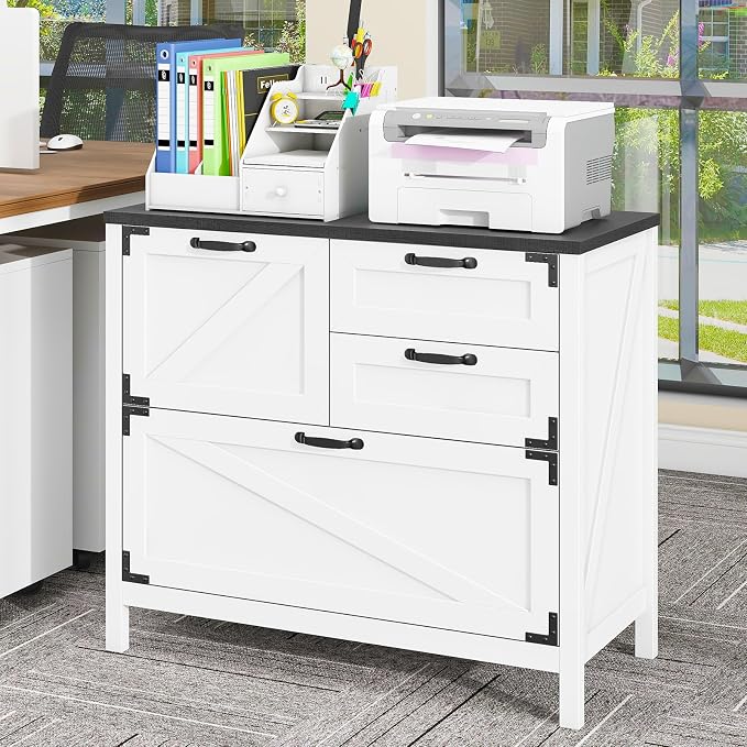Halitaa Lateral File Cabinet with 4 Drawers Farmhouse File Cabinet for Letter/Legal/A4 Size Hanging Files, Large Wood File Storage Cabinets Printer Stand for Home Office Cabinet, White and Black