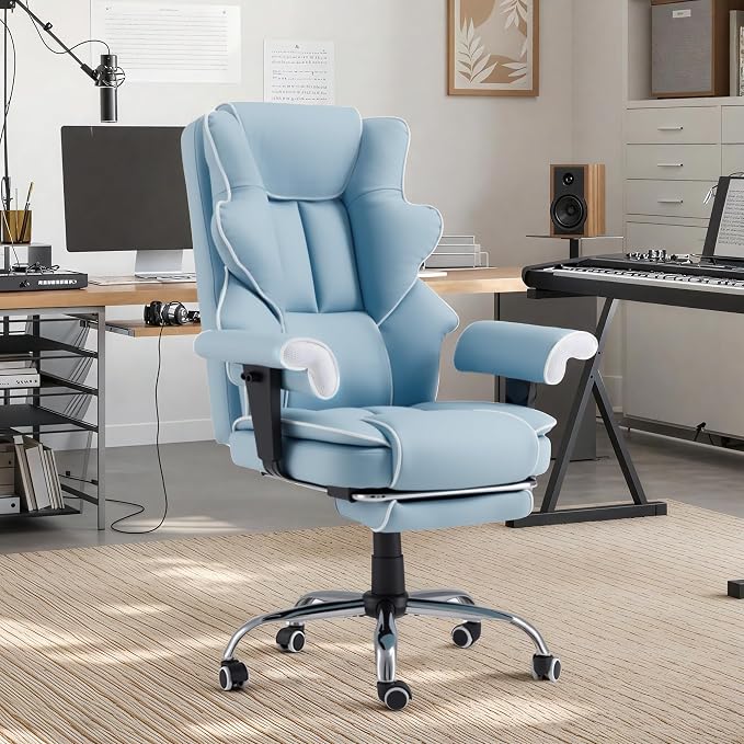 HOMREST Ergonomic Executive Office Chair with 6-Point Vibration & Heat - Reclining Managerial Chair with Adjustable Footrest and Armrests,Big and Tall Leather Home Office Desk Chairs(Airy Blue)