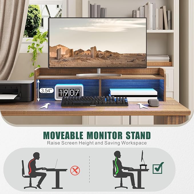Lareth Executive L Shaped Desk with Monitor Stand, 59 inch Farmhouse Corner Computer Desk with Power Outlets & LED Lights, Home Office Desk with File Cabinet for Working Gaming Writing, Dark Walnut