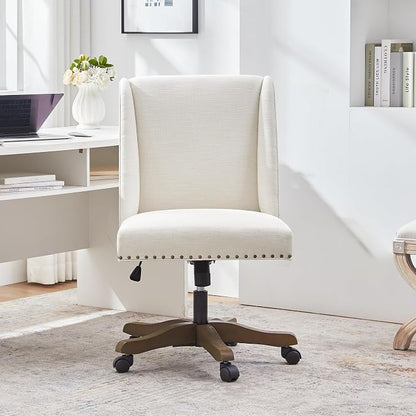 Zihanhome Armless Upholstered Office Chair with Wooden Legs, Modern Criss Cross Adjustable Home Office Desk Chair No Arms Sewing Chair Swivel Chair for Women Farmhouse Study Studio (Beige)