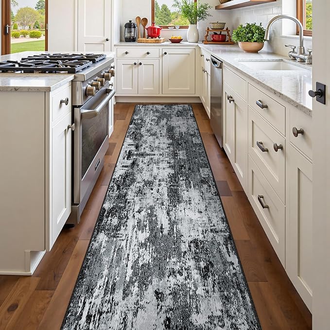 RELEANY Washable Area Rugs 2'x8' Non-Slip Modern Abstract Soft for Living Room Entryway Bedroom Kitchen, Print Pattern, Black Navy Blue Gray