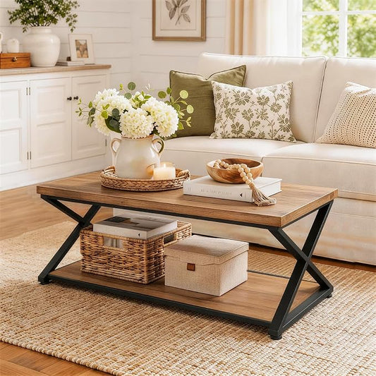 Coffee Table with Storage, 2 Tier Farmhouse Center Table, Rectangle Cocktail Tea Table for Living Room Bedroom, Rustic Brown,39Inch