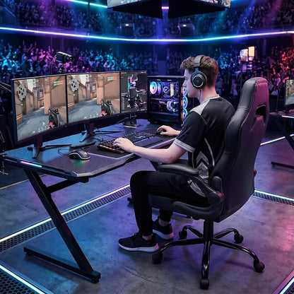 Sweetcrispy Computer Gaming Desk Chair: Big Tall Ergonomic Lumbar Support with Flip-up Armrest and 360° Swivel Wheels, PU Leather Height Adjustable, for Home and Office, Black
