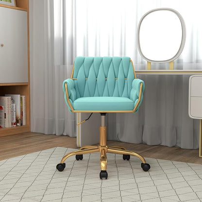 Velvet Modern Home Office Vanity Chair, 360° Swivel Adjustable Height Makeup Desk Chair with Golden Base and Hand Woven Backrest for Bedroom/Study/Vanity (Teal)