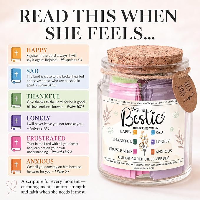 Bestie Bible Verses Jar – Birthday Gifts for Friends, Graduation Gifts for Bestie, Color Coded Bible Verses, Faith Based Friendship Gift for Women