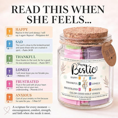 Bestie Bible Verses Jar – Birthday Gifts for Friends, Graduation Gifts for Bestie, Color Coded Bible Verses, Faith Based Friendship Gift for Women