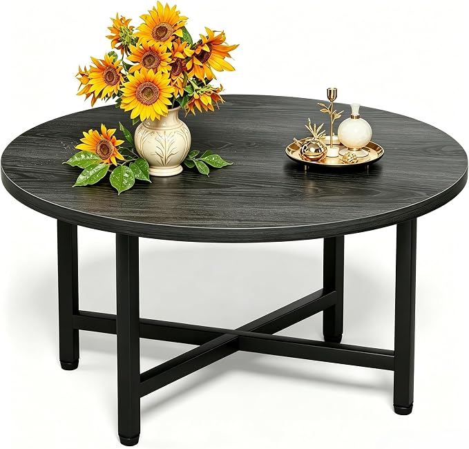 Coffee Table, 23.6" Small Coffee Tables, Gray Round Coffee Tables for Living Room, Floor Table for Sitting on The Floor, Center Coffee Table with Metal Frame for Office Apartment Home