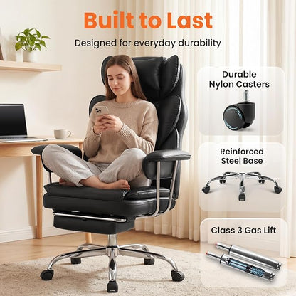 NEO CHAIR Big and Tall Office Chair Gaming Computer Chair High Back Heavy Duty Desk Chai with Lumbar Support Adjustable Recliner Footrest Wide Seat Leather Executive Home with Wheels (Leather Black)