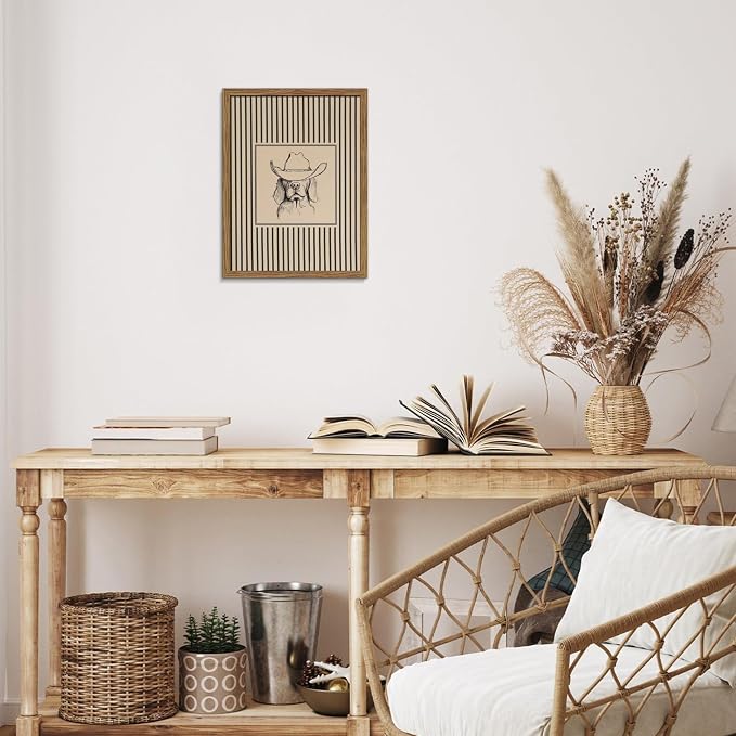 Western Cowboy Dog Wall Art - Framed Canvas Wall Decor for Living Room, Bedroom & Nursery, Vintage Animal Sketch in Wood Frame, Cute Dog with Hat Picture, Farmhouse Style 12x16 inch
