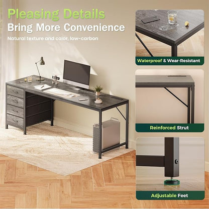PRAISUN 63 Inch Computer Office Desk with Power Outelts and USB-C Port, Reversible Gaming Desk with 4 Fabric Drawers, Work Study Desk Work from Home, Grey