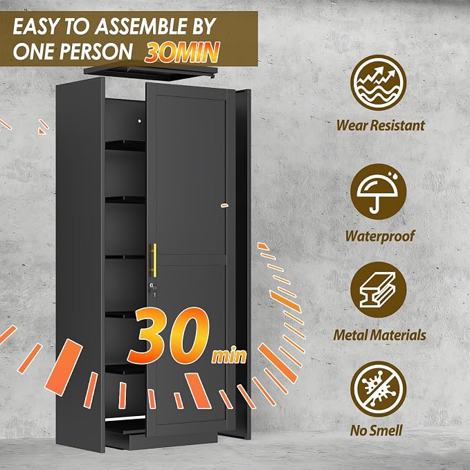 pozdeg 67" Metal Storage Cabinet with Lock, Tall Narrow Office File Cabinets with 5 Adjustable Shelves, Metal Steel Locker for Home, School, Office, Garage or Gym (Black)