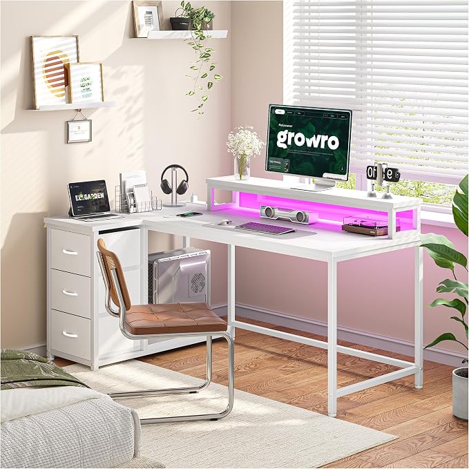 EnHomee L Shaped Gaming Desk with 3 Drawers & Power Outlet, 40Inch White Computer Desk with LED Lights Reversible Office Desk with Monitor Stand for Gaming,Study Room,Home Office,Bedroom,White