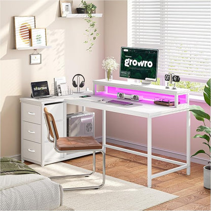 EnHomee L Shaped Gaming Desk with 3 Drawers & Power Outlet, 40Inch White Computer Desk with LED Lights Reversible Office Desk with Monitor Stand for Gaming,Study Room,Home Office,Bedroom,White