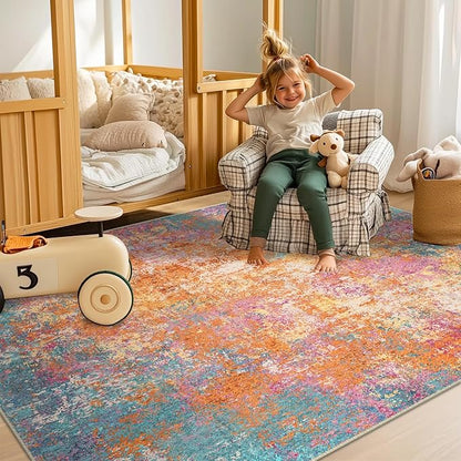 RELEANY Washable Area Rugs Square 8ft Non-Slip Modern Abstract Soft for Living Room Entryway Bedroom Kitchen, Print Pattern, Orange Blue Pink Yellow Colorful