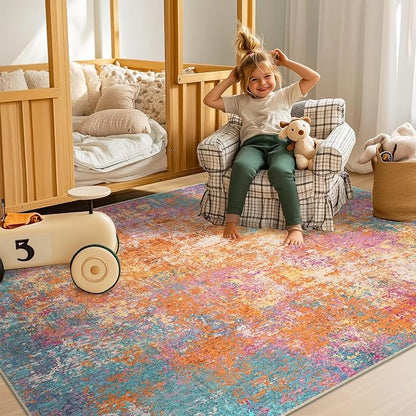 RELEANY Washable Area Rugs 6'x9' Non-Slip Modern Abstract Soft for Living Room Entryway Bedroom Kitchen, Print Pattern, Orange Blue Pink Yellow Colorful
