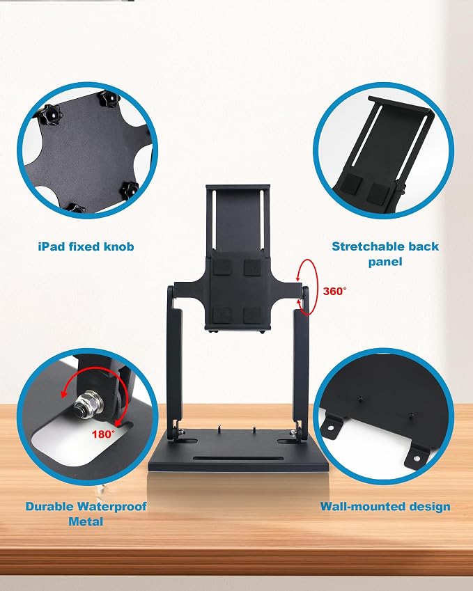 ZYWELL TS31 iPad POS Stand with Ticket Printer Shelf for POS, with 180°& 360° Tilting All Metal no Installation Supports Wall mounting Suitable for 9.7"-13" Tablets