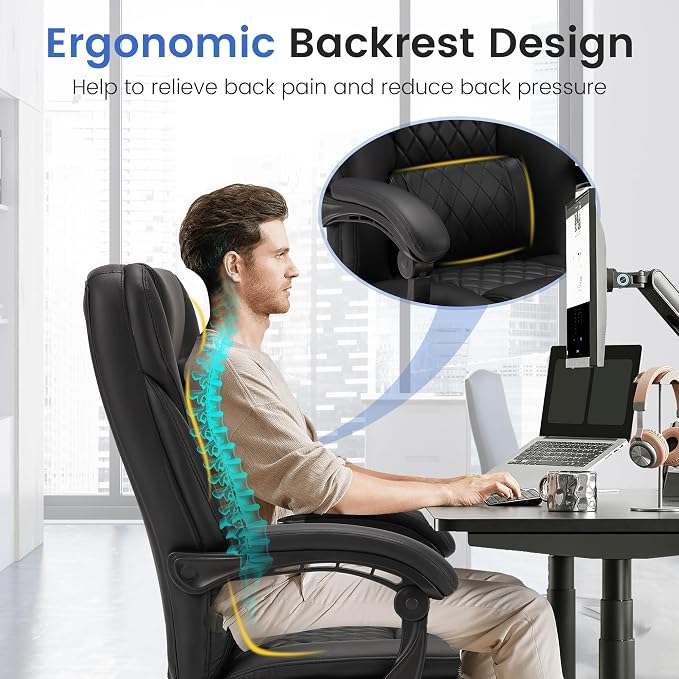 HOMREST 6-Point Massage Office Chair with Heat, 500lbs Big and Tall Executive Chair, Ergonomic Reclining Desk Chair with Footrest & Lumbar Support, Adjustable Armrest, PU Leather (Black)