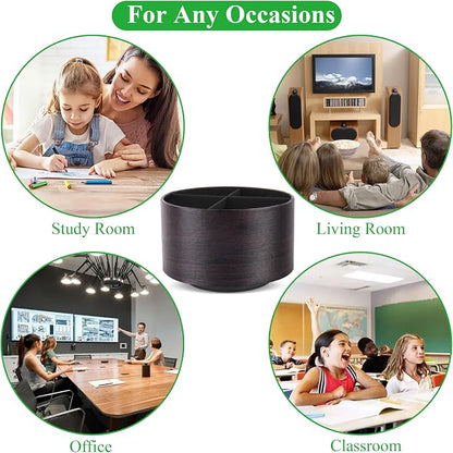 Round Leather Art Supply Organizer,Remote Control Holder,360 Degree Spinning,Multi-Functional Pencil Holder,4 Compartments Desktop Stationary Organizer(1-Dark Brown2)
