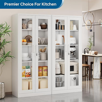 PEUKC Display Cabinet with Glass Doors, 71 Inches Metal Display Case with 4 Adjustable Shelves, Curio Storage Cabinet with Lock for Home, Office, Book, Pantry, Assemble Required (White)