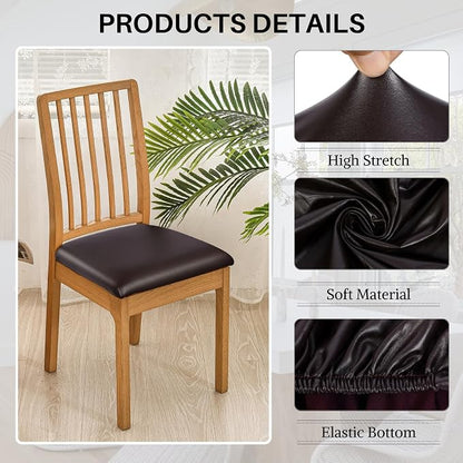 SearchI Waterproof PU Leather Seat Covers for Dining Chairs, 2 Pack Stretch Dining Room Chair Seat Covers, Kitchen Chair Seat Covers Protectors (Deep Brown)