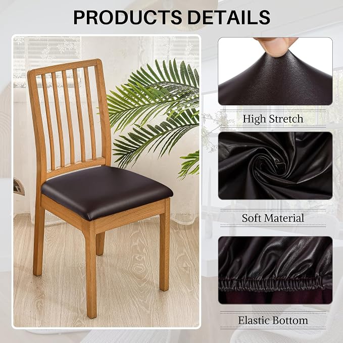 SearchI Waterproof PU Leather Seat Covers for Dining Chairs, 6 Pack Stretch Dining Room Chair Seat Covers, Kitchen Chair Seat Covers Protectors (Deep Brown)