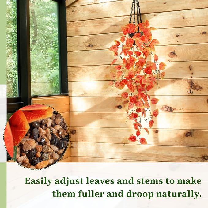 Fake Fall Plants Hanging Faux Orange Vines Artificial Potted Pothos Plant- Fall Decorations Autumn Decor for Thanksgiving Bathroom Wall Kitchen Room Decor Indoor and Outdoor (Black Pot)