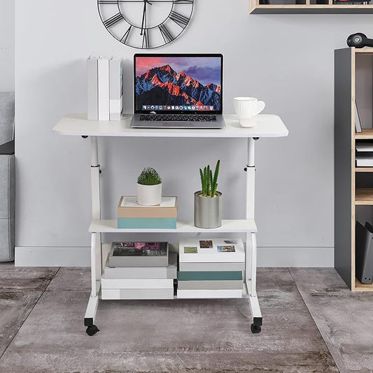 Laptop Desk Removable and Adjustable Height Table for Bedroom Bedside, Office Desk Home Writing Desk, Small Standing Desks with Storage TV Tray Table, Size 31.5 Inch White